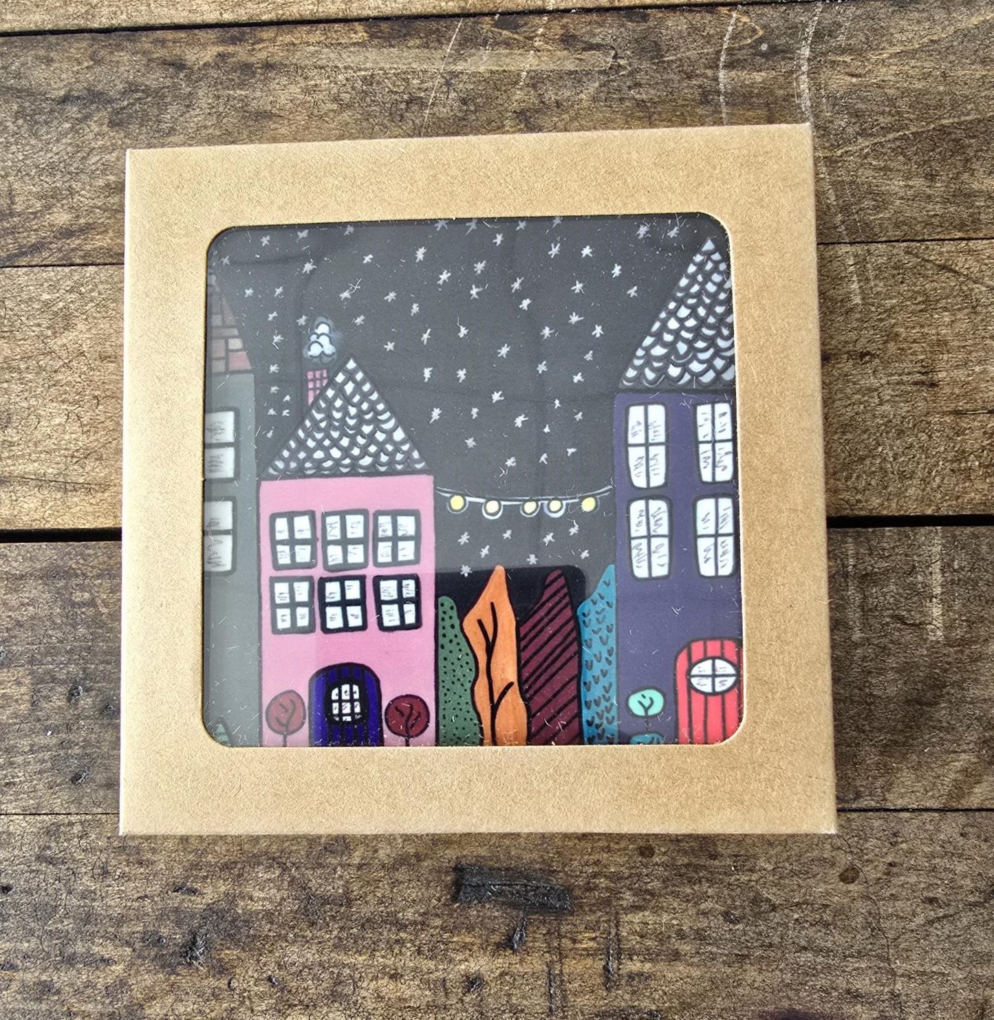 Coasters- Set of 5 cork back "Starry Night & String Lights" Coasters