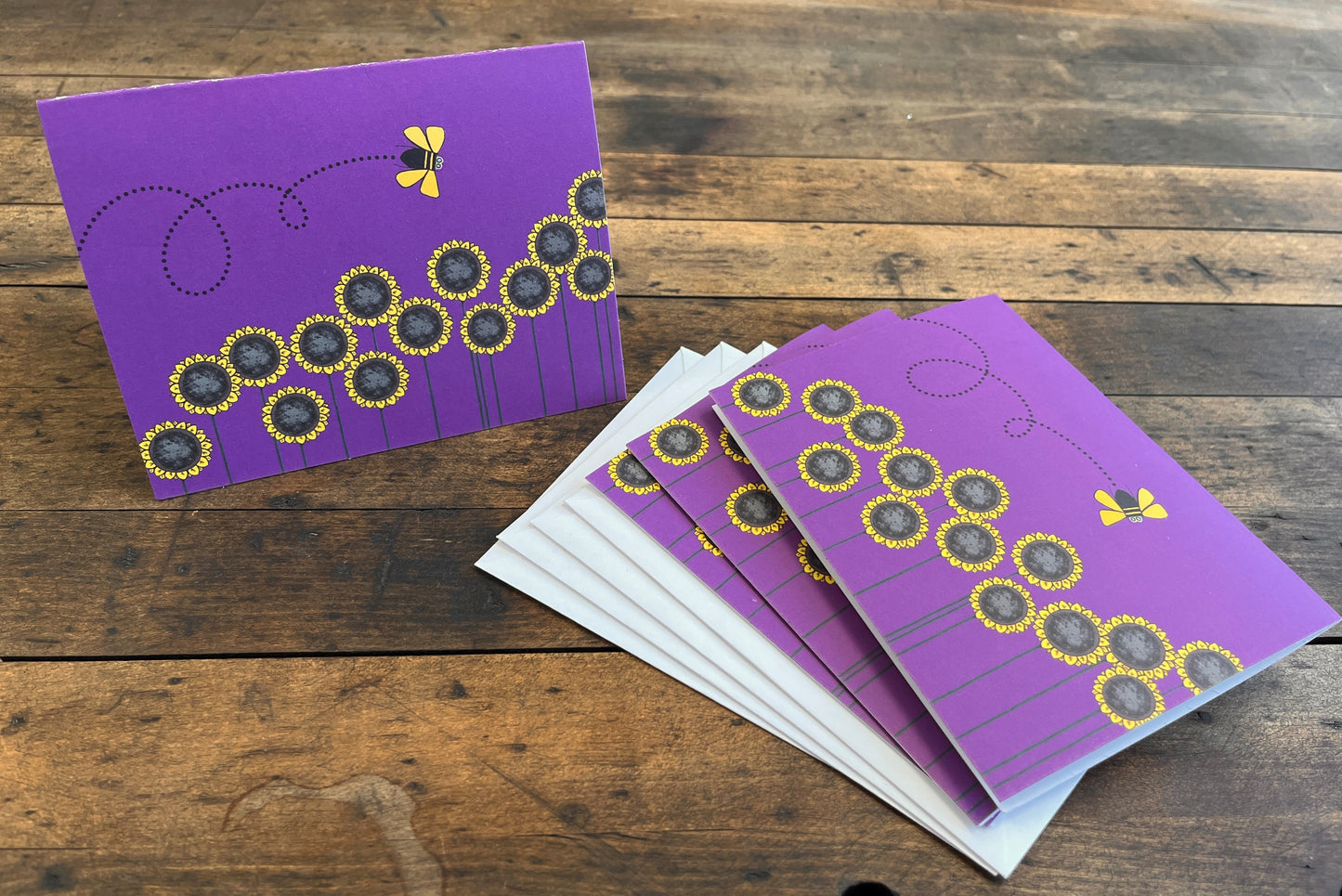 Note Cards (10) Purple Bee Line With Sun Flower Note Cards With (10) Envelopes