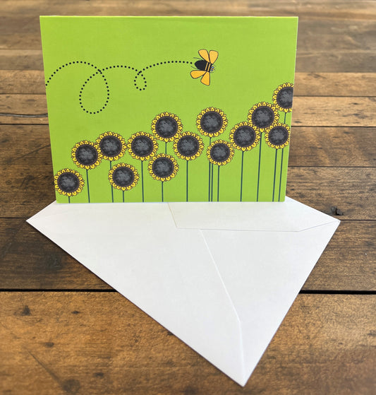 Note Cards (10) Green Bee Line With Sun Flower Note Cards With (10)Envelopes