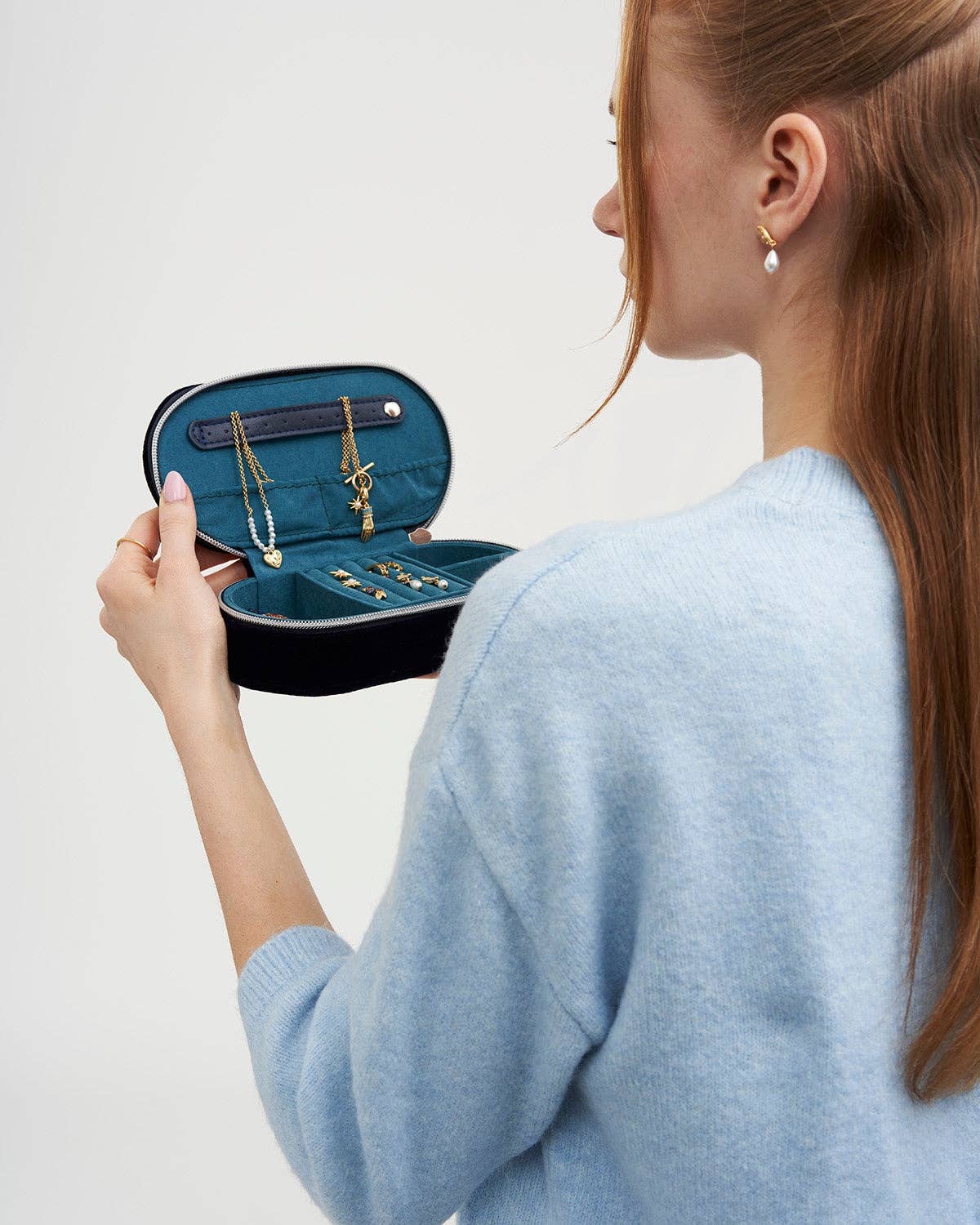 Night Sky Embroidered Oval Jewelry Box in Navy Velvet