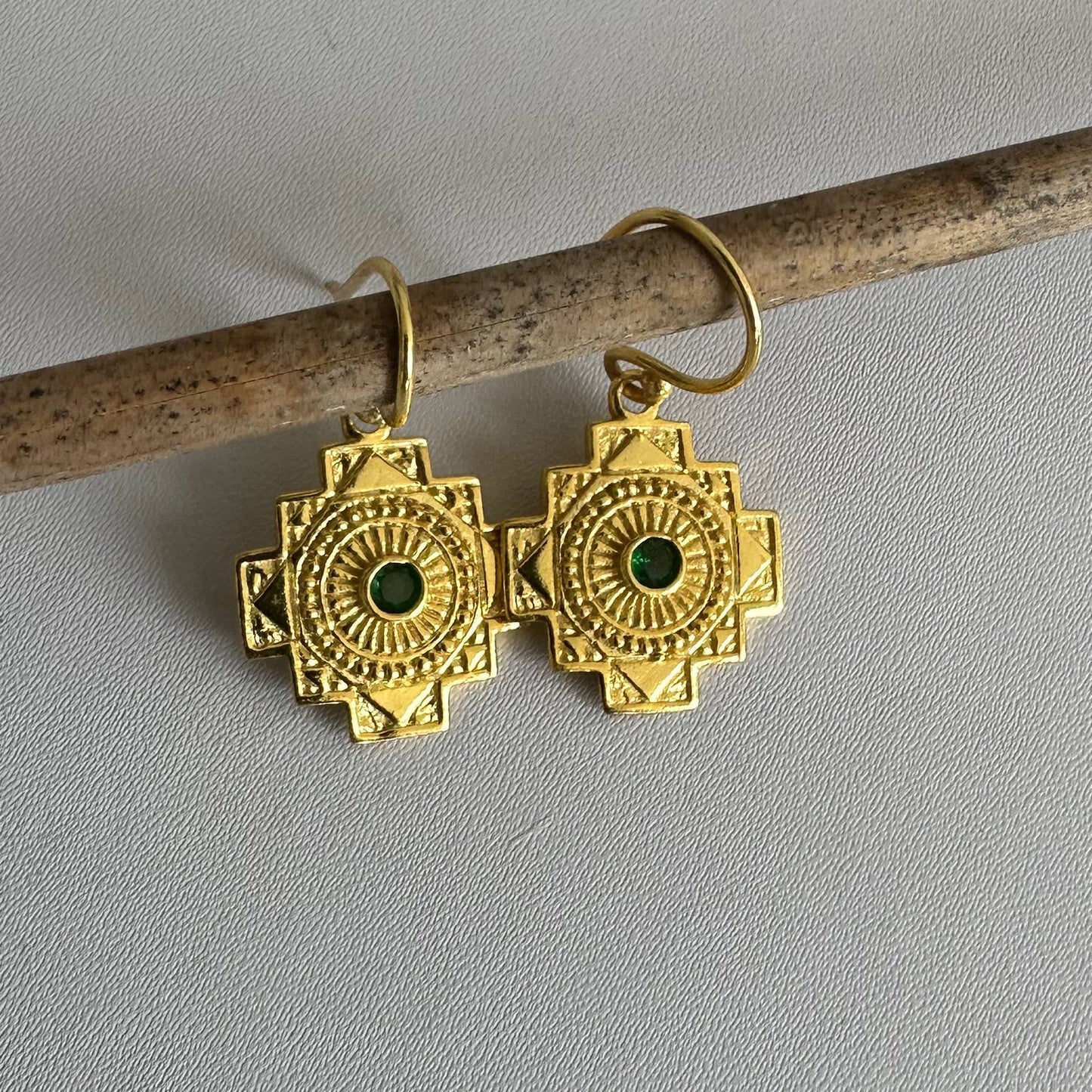 Spiritual Cross Earrings | Green Zircon | Dangle Earrings | 18K Gold-Plated