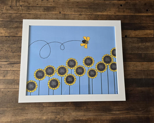 Framed & Signed Beeline Sunflower Poster With Blue Background