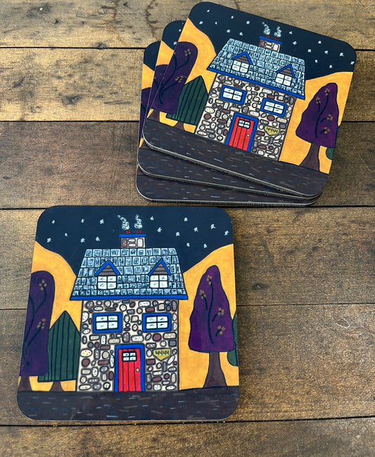 Coasters- Set of 4 Cobble Stone House Cork Back Coasters