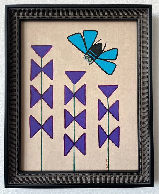 Framed Painting-Blue Bee With 3 Lavender Stems