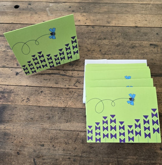 Note Cards (10) Green Bee Line With Lavender Note Cards With (10)Envelopes