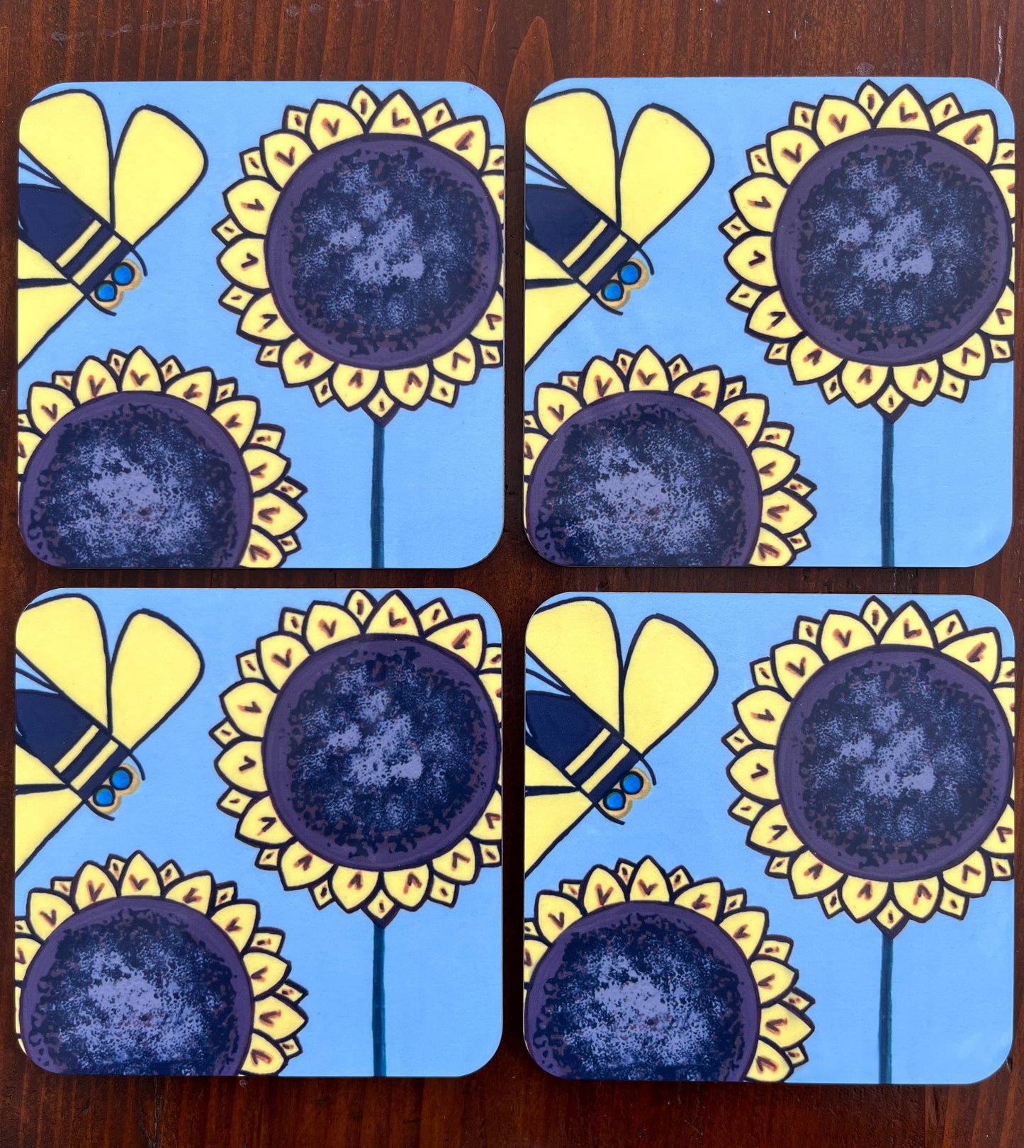 Coasters- Set of 4 cork backed sunflowers & bee coasters