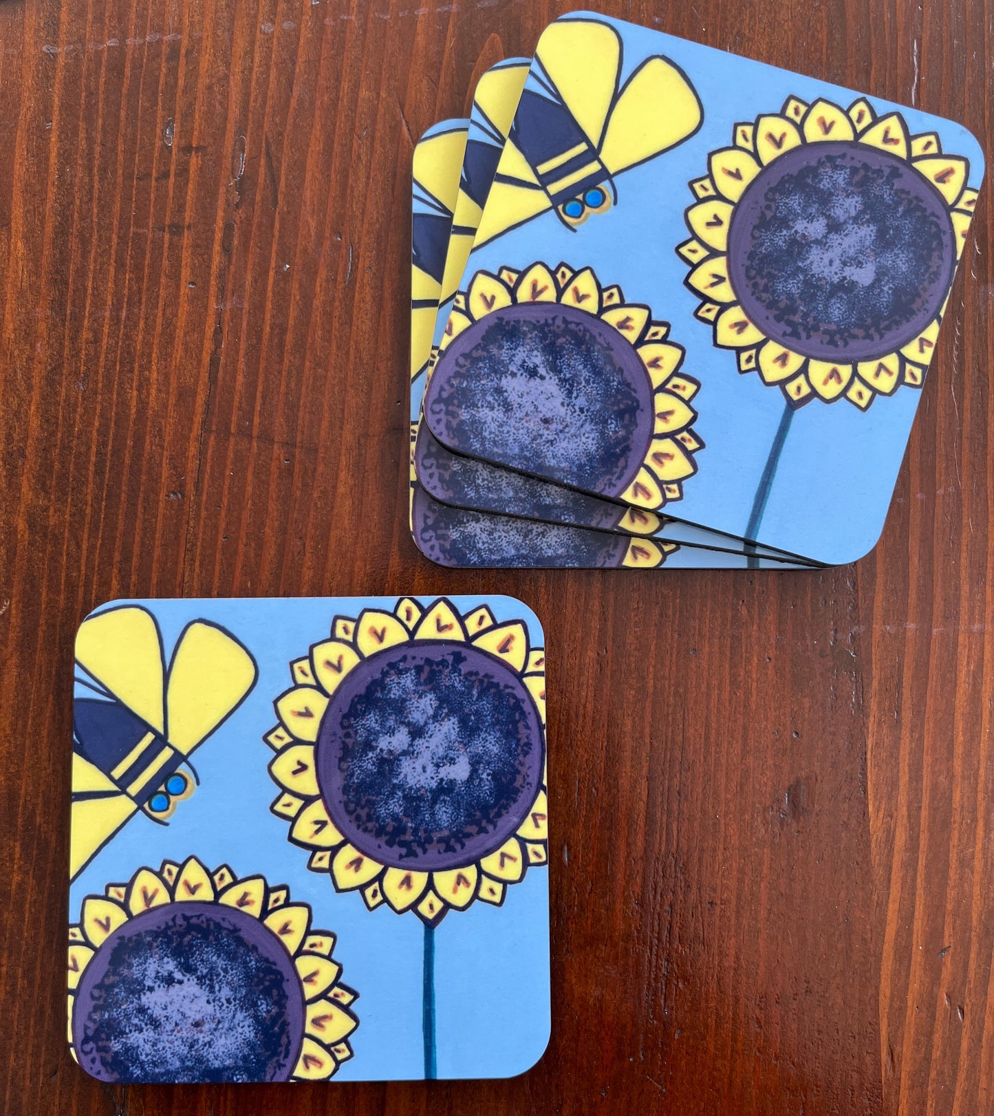 Coasters- Set of 4 cork backed sunflowers & bee coasters