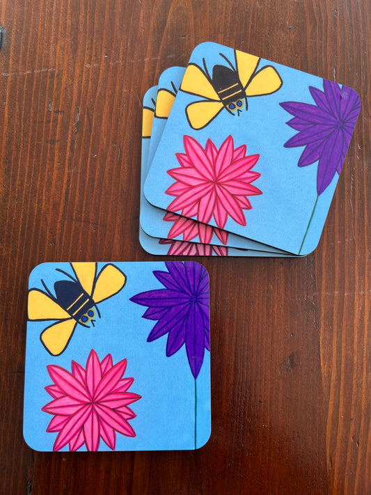 Coasters- Set of 4 cork backed coasters with a bee & 2 dahlias