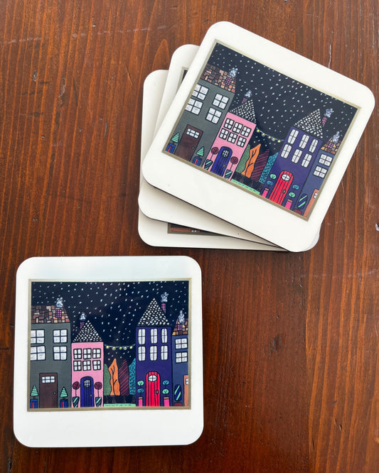 Coasters- Set of 4 cork back "Starry Night & String Lights" Coasters with white boarder.