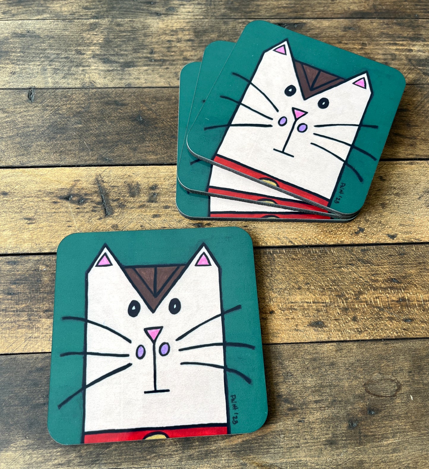 Coasters- Set of 4 Martini Nosed Kitty  cork backed coasters (Gucci Colors)