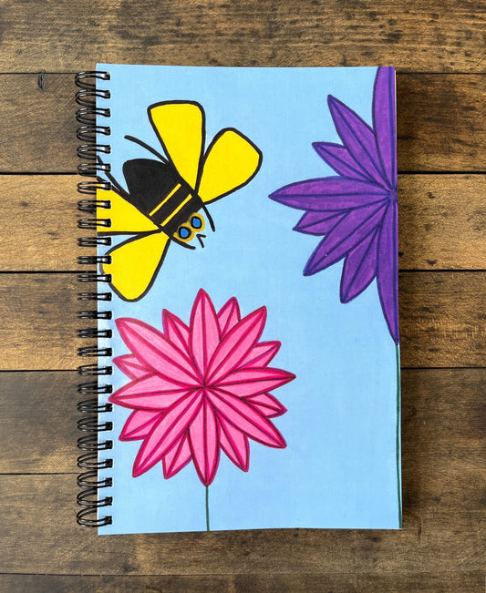 Notebook- Yellow Bee with (2) Dahlia Stems Soft Cover Spiral Notebook