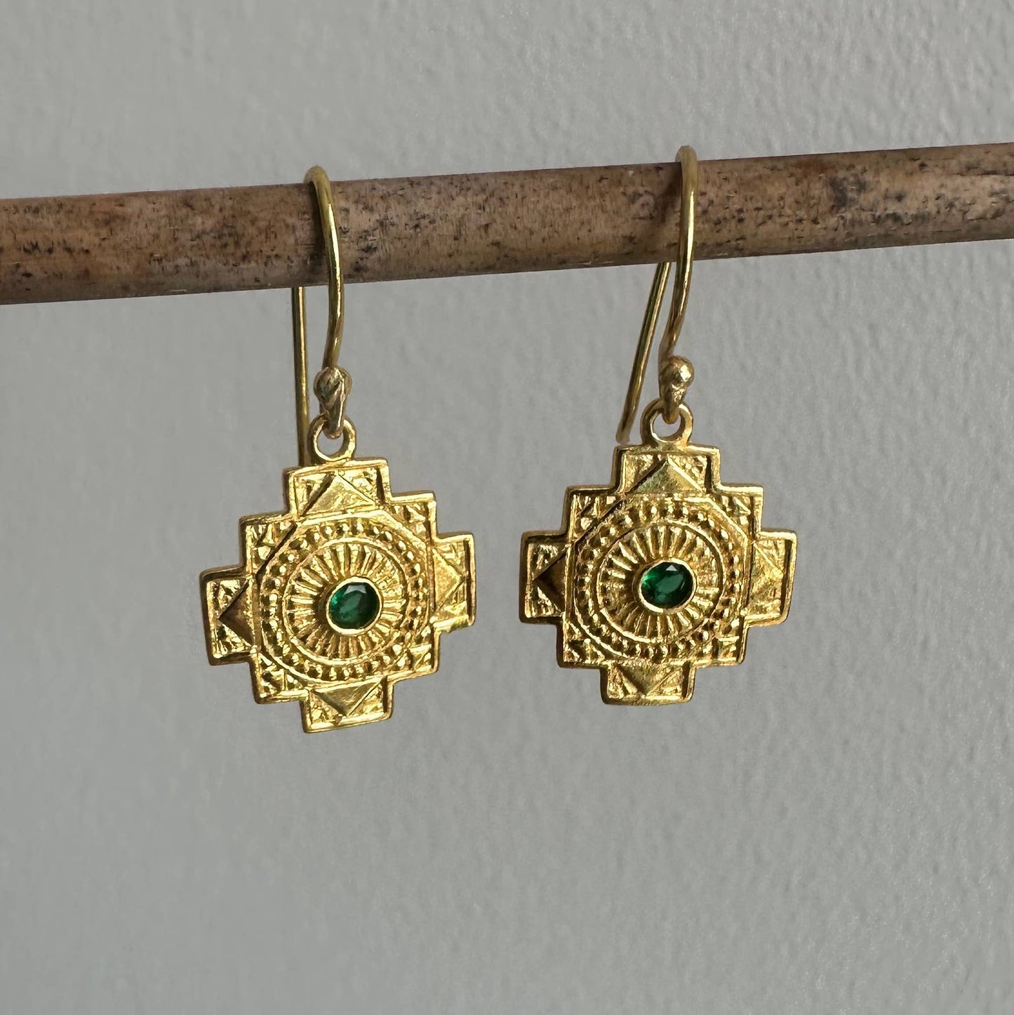 Spiritual Cross Earrings | Green Zircon | Dangle Earrings | 18K Gold-Plated