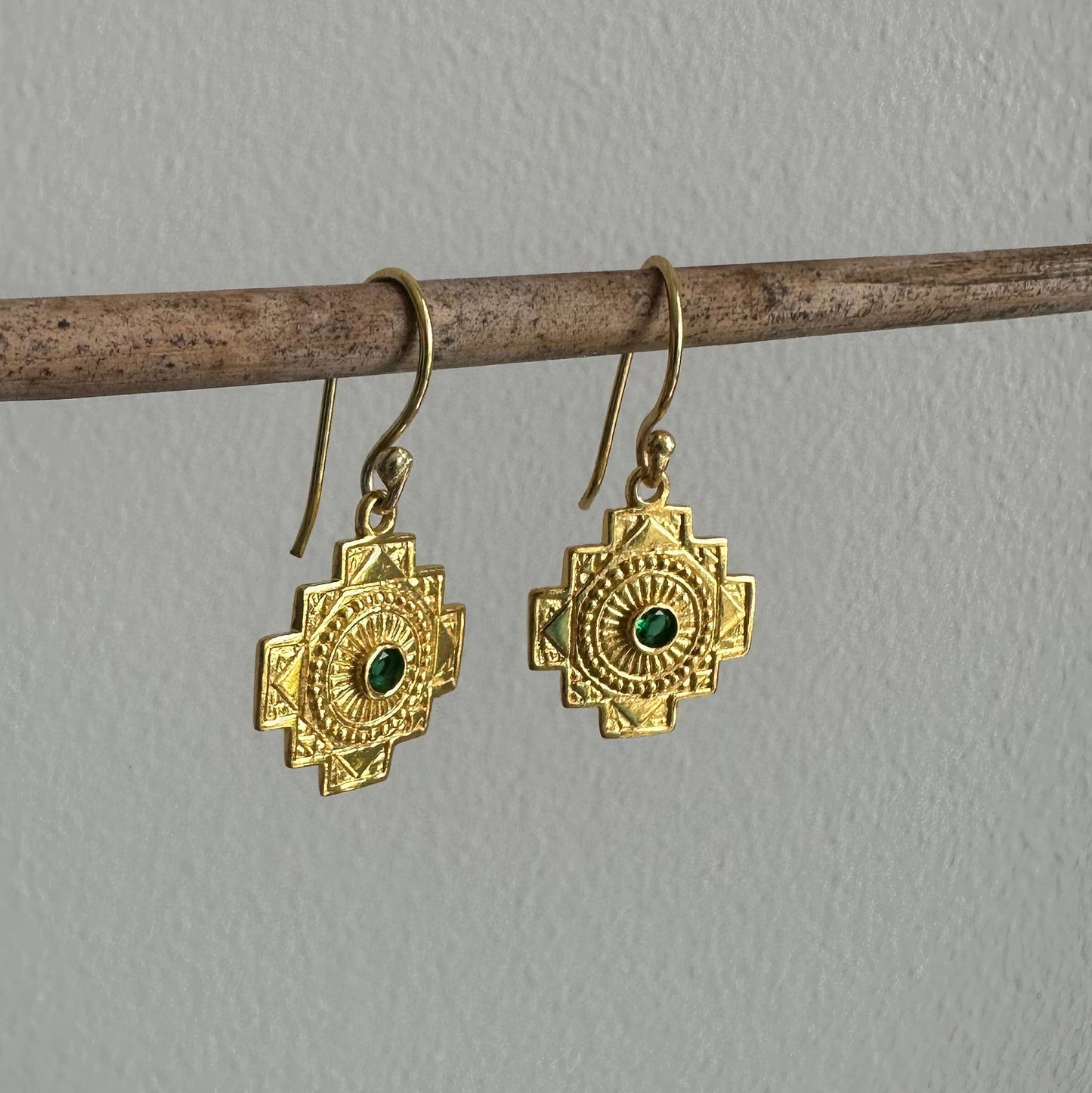 Spiritual Cross Earrings | Green Zircon | Dangle Earrings | 18K Gold-Plated