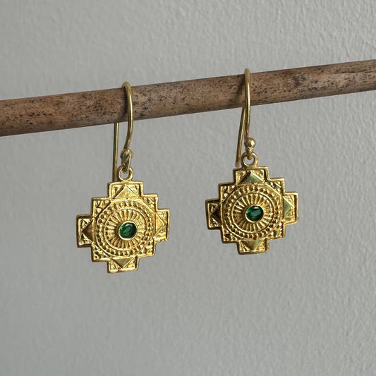 Spiritual Cross Earrings | Green Zircon | Dangle Earrings | 18K Gold-Plated
